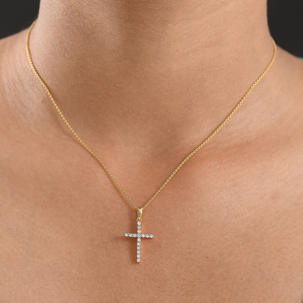 LUXURIANT 0.50 Ct. Lab Grown Diamond Cross Pendant with Torn Chain 19DC (Size 20) in 18K Vermeil Yellow Gold Plated Sterling Silver (SI-GH) 4428207 2
