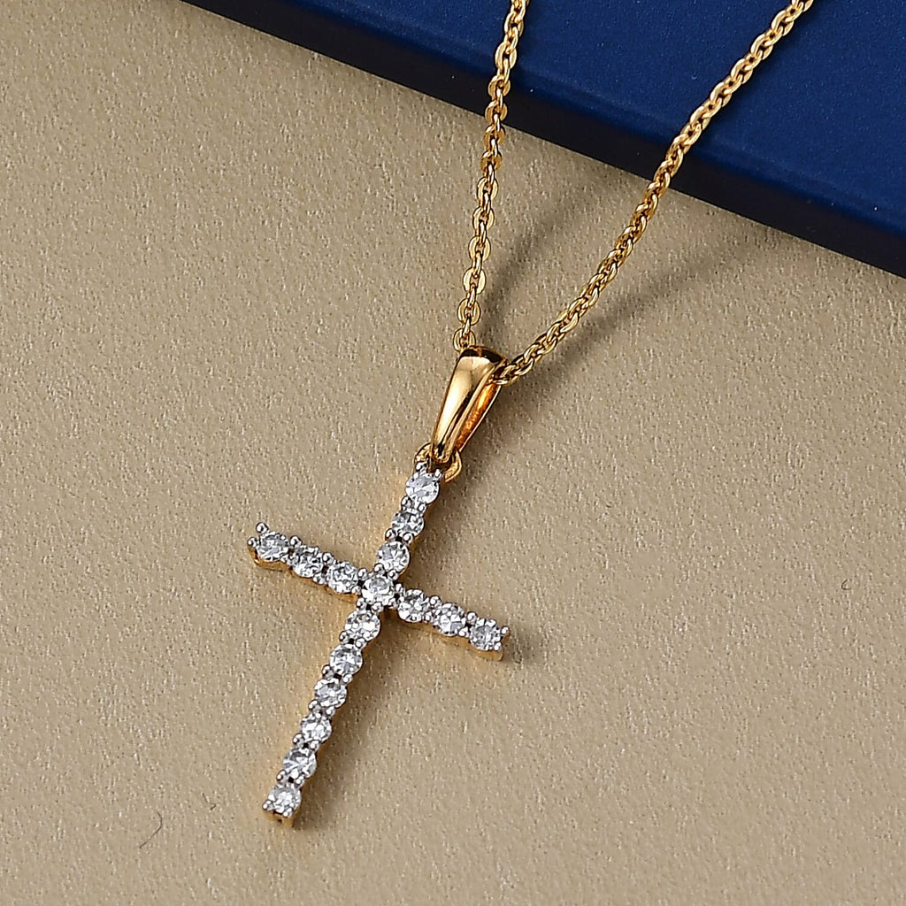 Luxuriant Lab Grown Diamond (SI-GH) Cross Pendant with Chain (Size 20) in 18K Vermeil Yellow Gold Plated Sterling Silver 0.50 Ct.