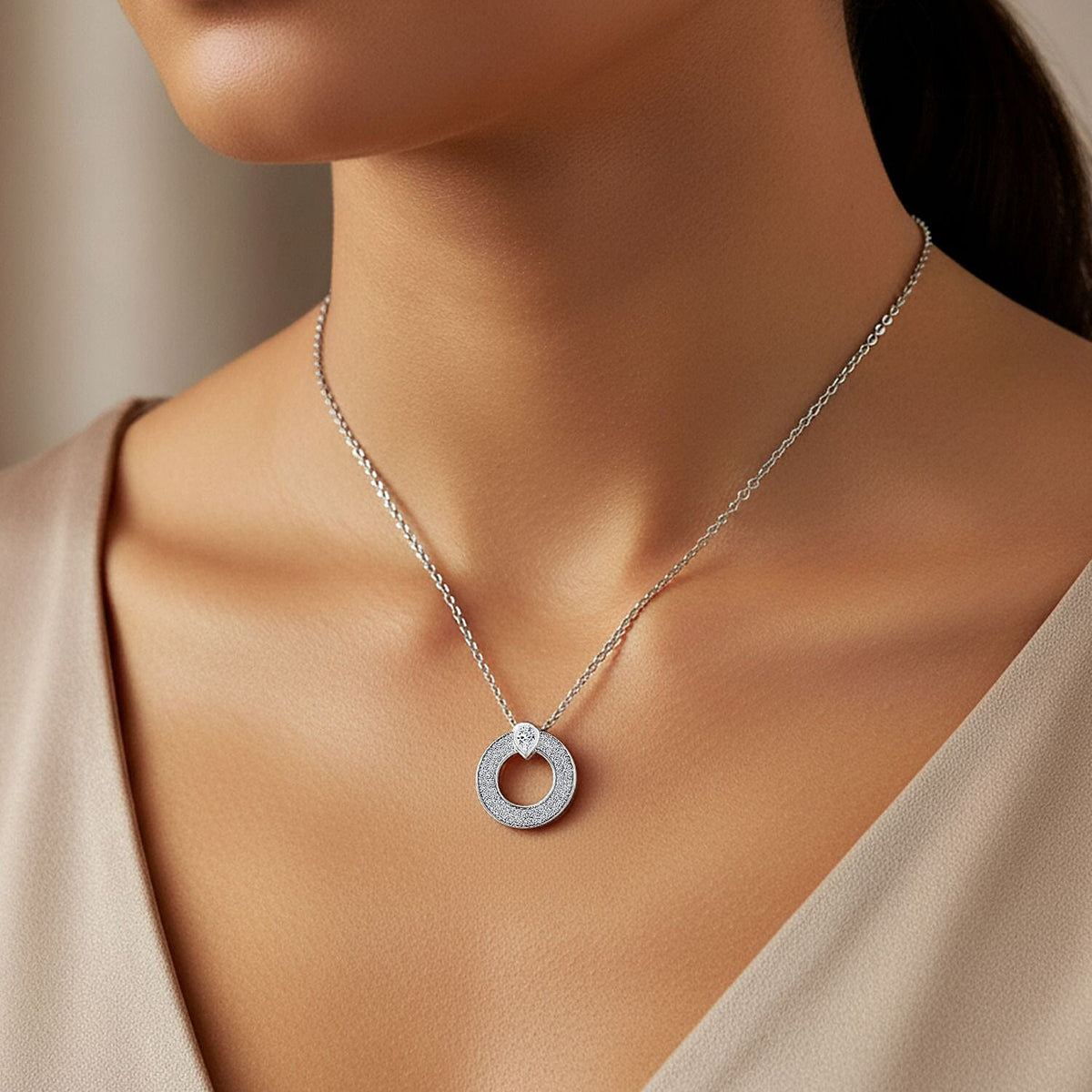 LUXURIANT 1 Ct. Lab Grown Diamond Circle Pendant with Chain in Rhodium Overlay Sterling Silver 4424247 2