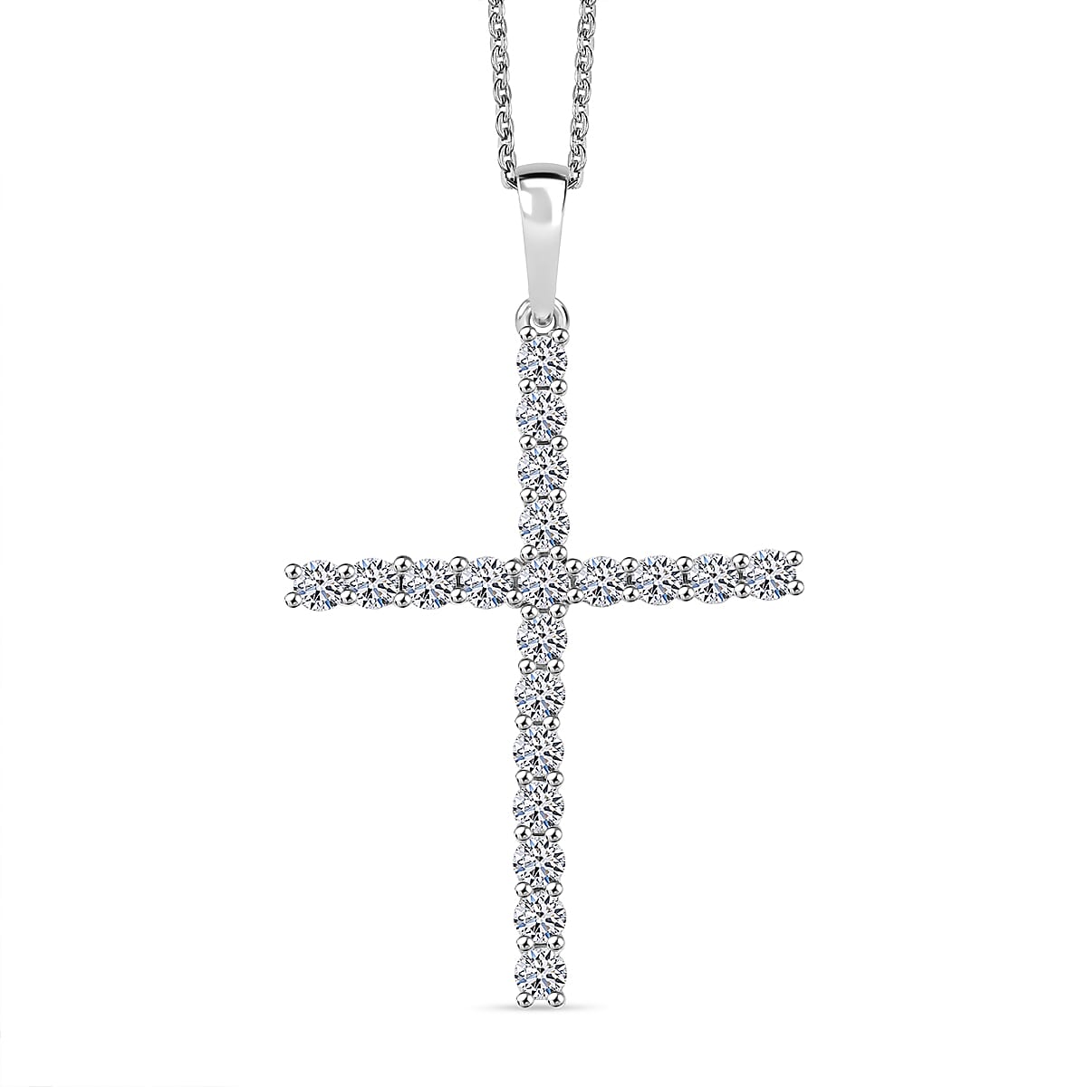 LUXURIANT 1 Ct. Lab Grown Diamond Cross Pendant with Torn Chain 19DC (Size 20) in Rhodium Overlay Sterling Silver (SI-GH) 4428213 0