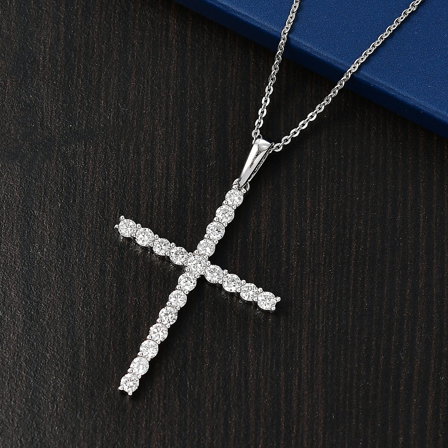 LUXURIANT 1 Ct. Lab Grown Diamond Cross Pendant with Torn Chain 19DC (Size 20) in Rhodium Overlay Sterling Silver (SI-GH) 4428213 2