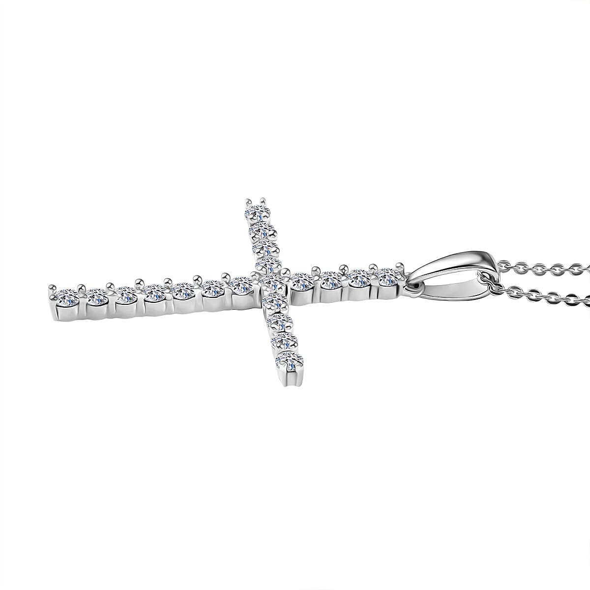 LUXURIANT 1 Ct. Lab Grown Diamond Cross Pendant with Torn Chain 19DC (Size 20) in Rhodium Overlay Sterling Silver (SI-GH) 4428213 3