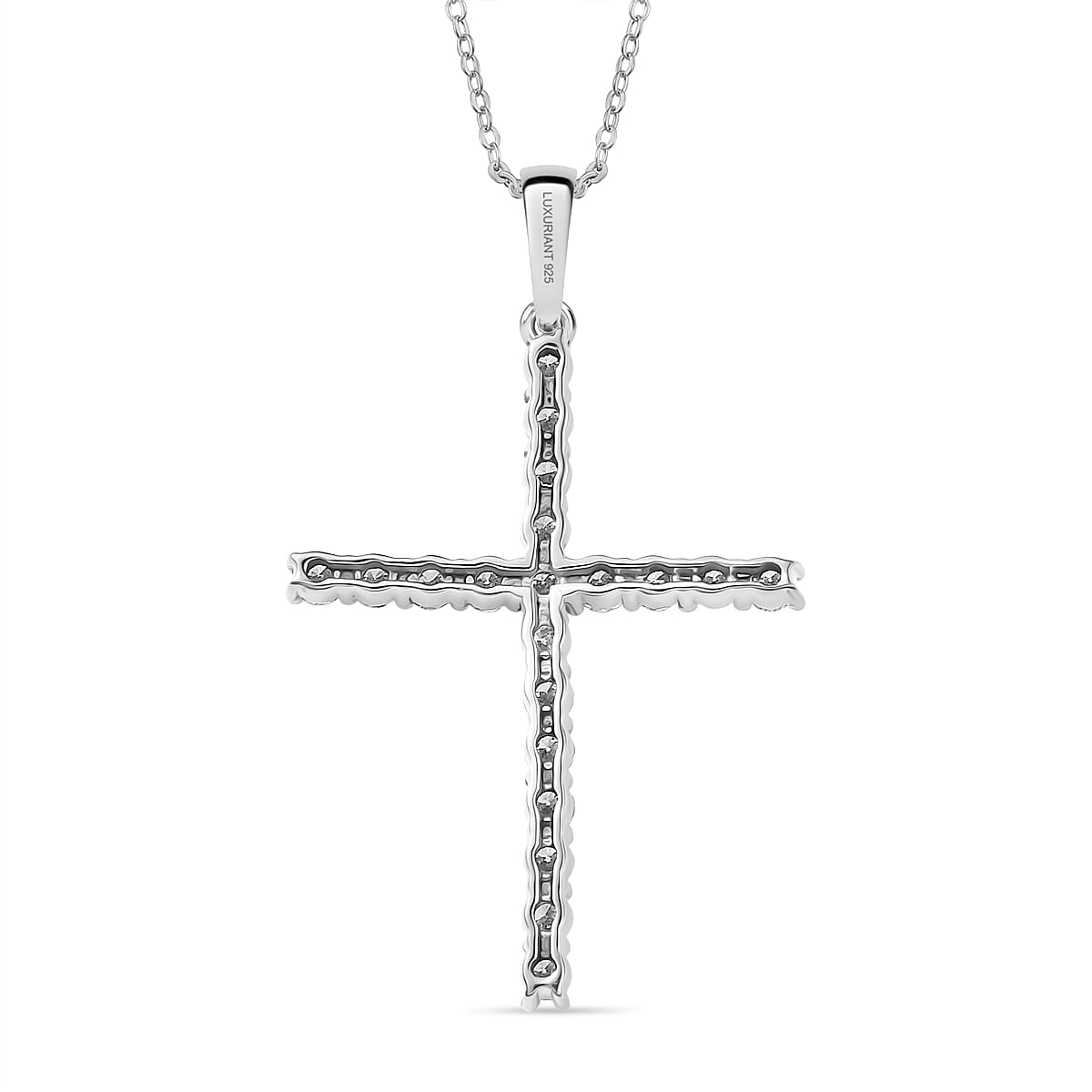 LUXURIANT 1 Ct. Lab Grown Diamond Cross Pendant with Torn Chain 19DC (Size 20) in Rhodium Overlay Sterling Silver (SI-GH) 4428213 4
