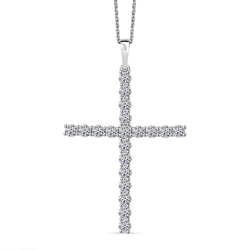Luxuriant Lab Grown Diamond (SI-GH) Cross Pendant with Chain (Size 20) in Rhodium Overlay Sterling Silver 2.00 Ct.