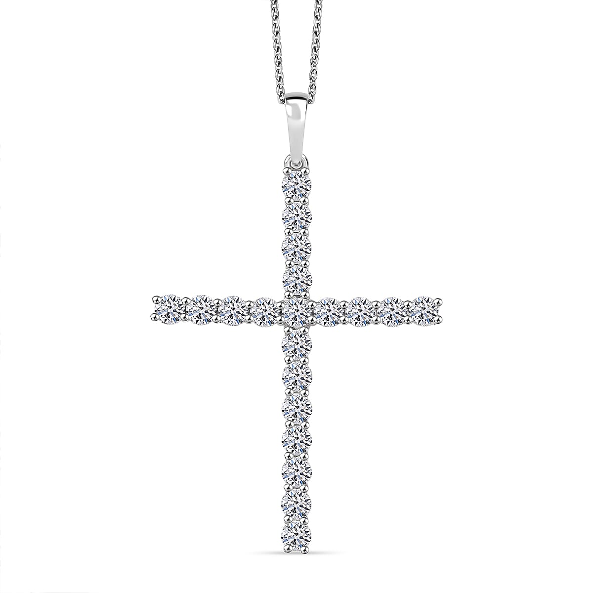 LUXURIANT 2 Ct. Lab Grown Diamond Cross Pendant with Torn Chain 19DC (Size 20) in Rhodium Overlay Sterling Silver (SI-GH) 4428970 0