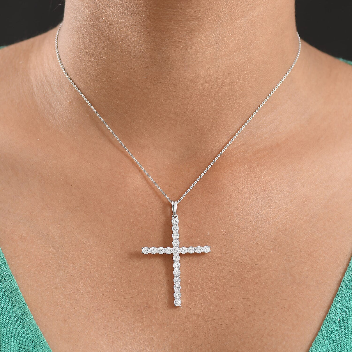 LUXURIANT 2 Ct. Lab Grown Diamond Cross Pendant with Torn Chain 19DC (Size 20) in Rhodium Overlay Sterling Silver (SI-GH) 4428970 2