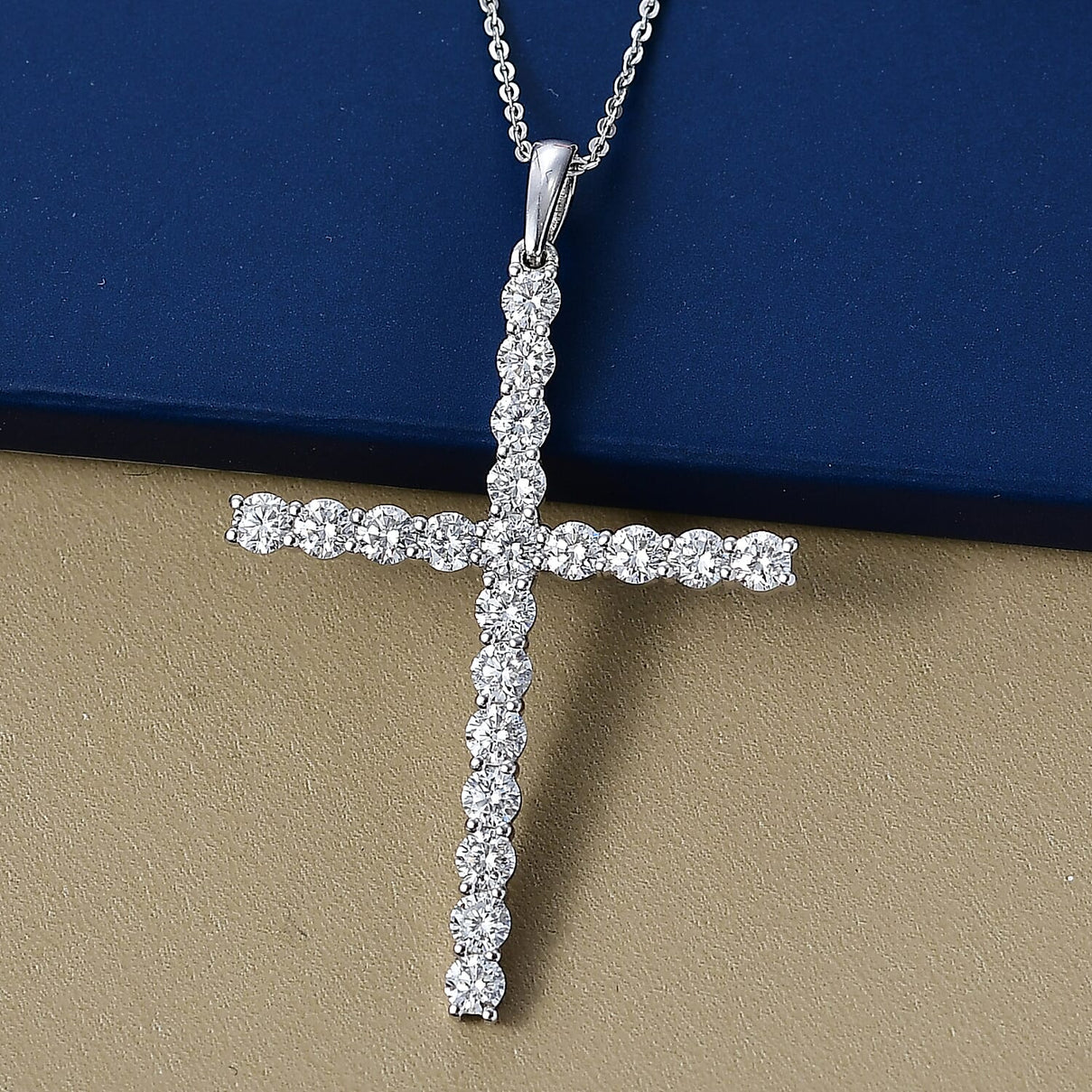 LUXURIANT 2 Ct. Lab Grown Diamond Cross Pendant with Torn Chain 19DC (Size 20) in Rhodium Overlay Sterling Silver (SI-GH) 4428970 3