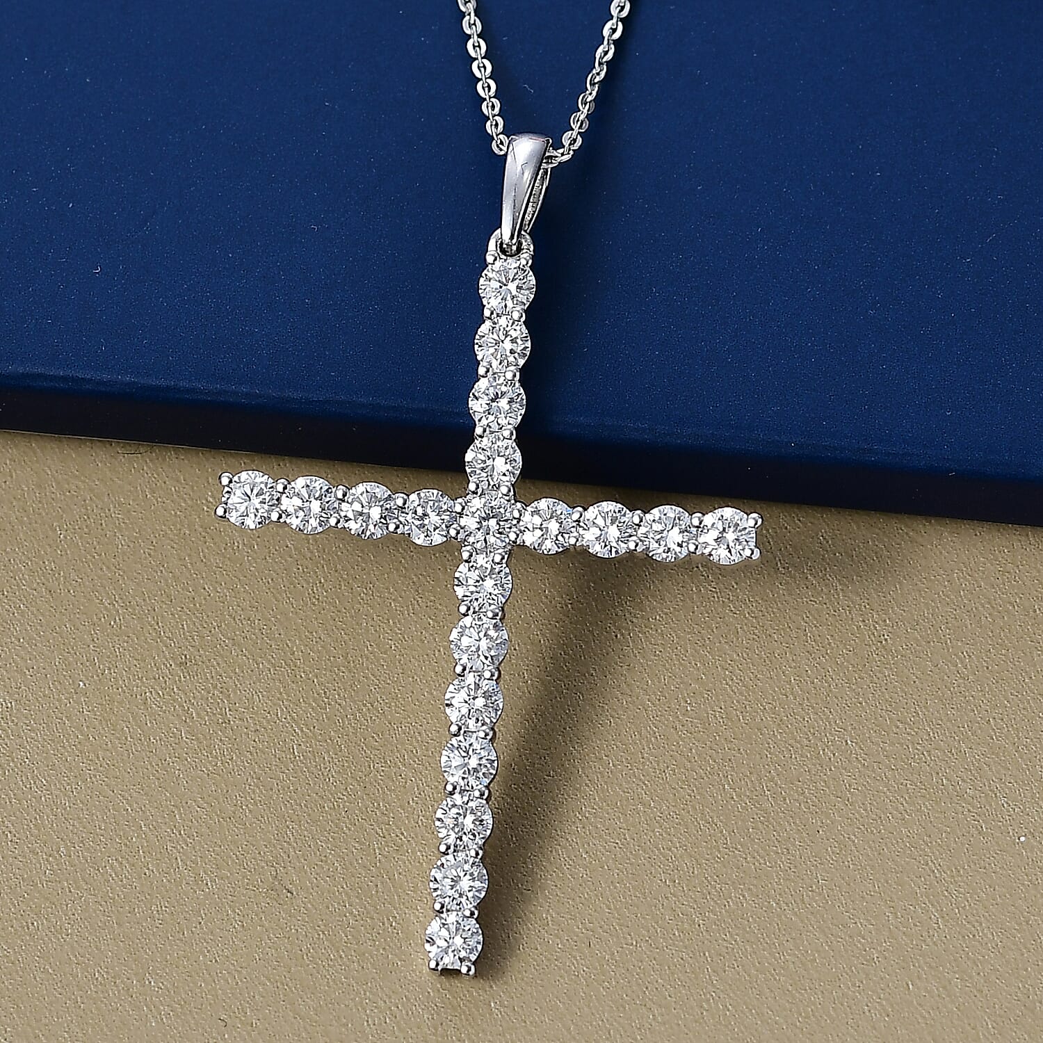 LUXURIANT 2 Ct. Lab Grown Diamond Cross Pendant with Torn Chain 19DC (Size 20) in Rhodium Overlay Sterling Silver (SI-GH) 4428970 3