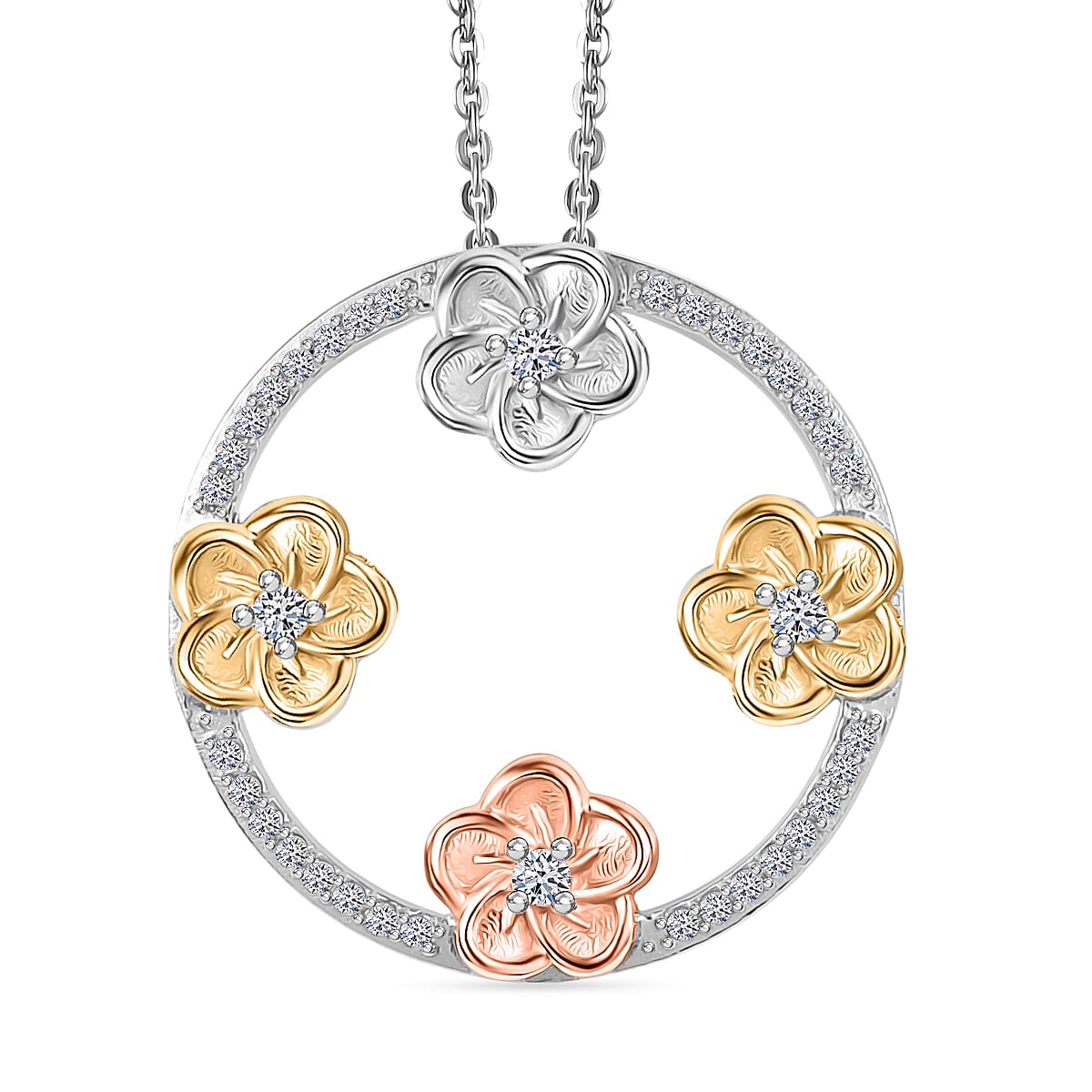 LUXURIANT SI/GH Lab Grown Diamond Open Circle Floral Pendant with Chain (Size 20) in 18K Vermeil Yellow Gold, Rose Gold and Rhodium Plated Sterling Silver 4388822 0