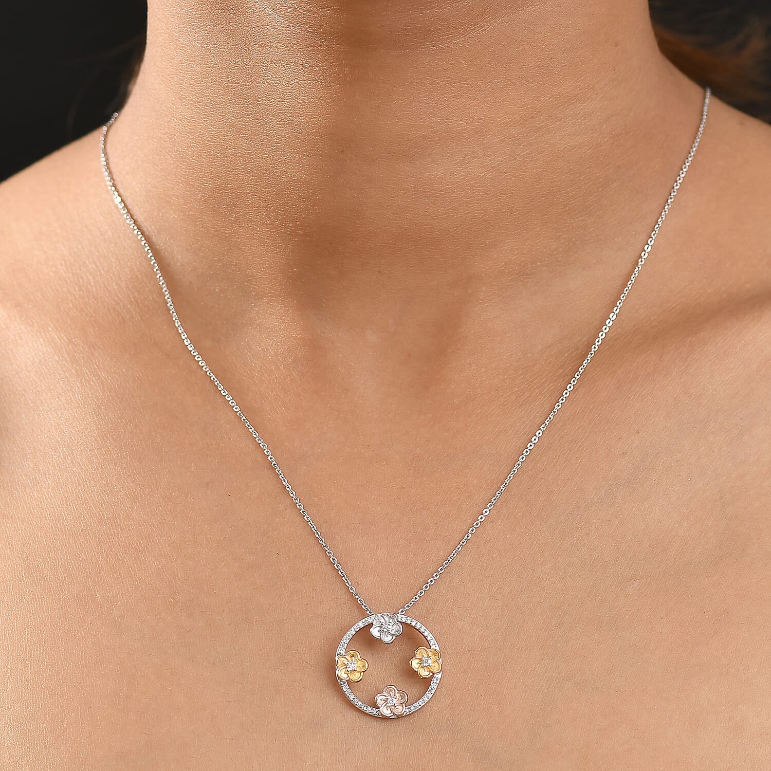 LUXURIANT SI/GH Lab Grown Diamond Open Circle Floral Pendant with Chain (Size 20) in 18K Vermeil Yellow Gold, Rose Gold and Rhodium Plated Sterling Silver 4388822 2