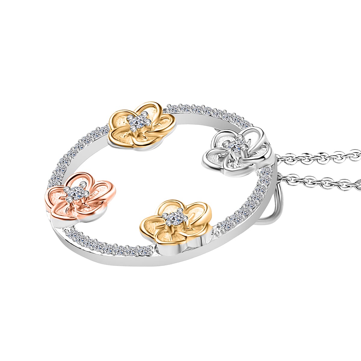 LUXURIANT SI/GH Lab Grown Diamond Open Circle Floral Pendant with Chain (Size 20) in 18K Vermeil Yellow Gold, Rose Gold and Rhodium Plated Sterling Silver 4388822 4