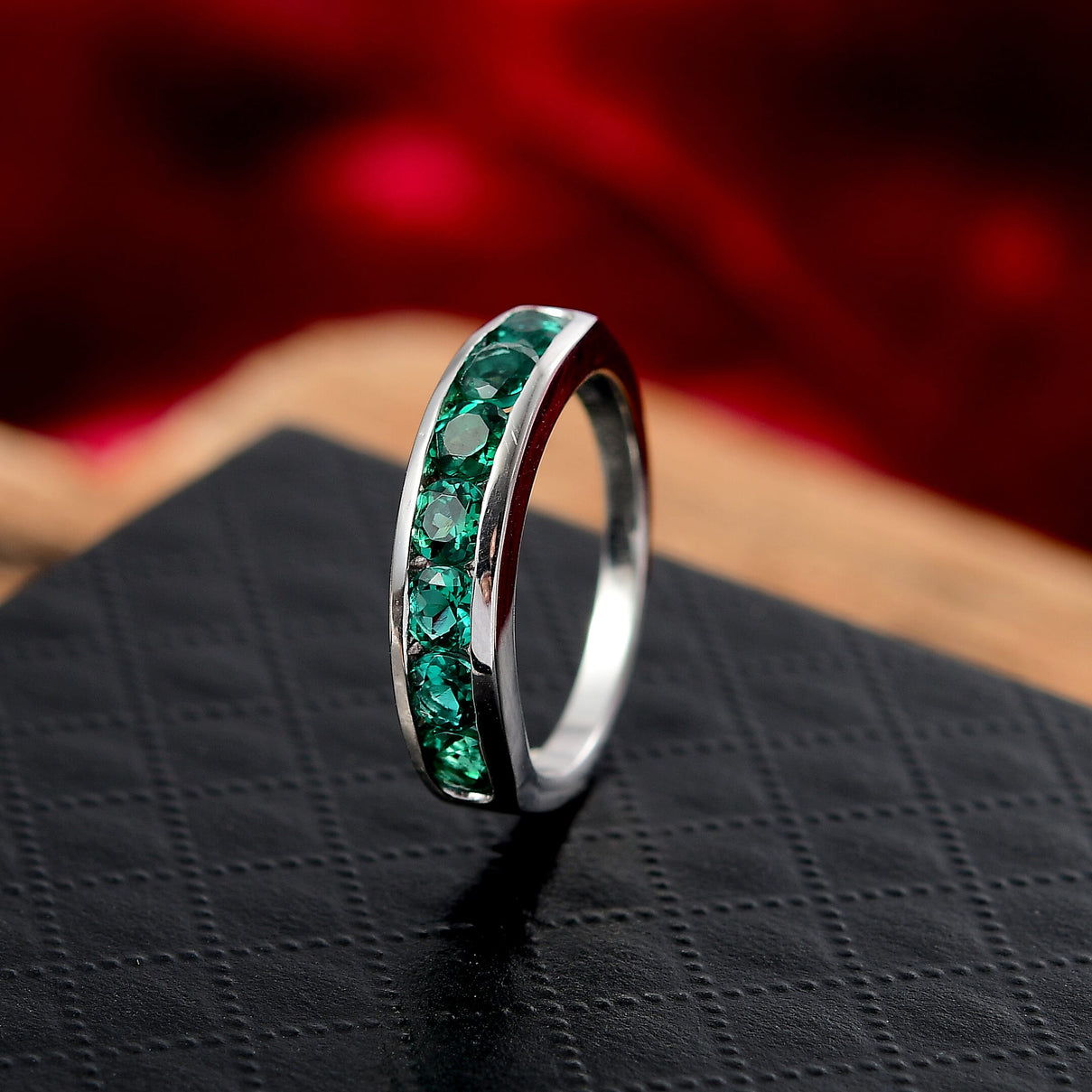 LUXURIANT Lab Grown Emerald Half Eternity Ring in Platinum Overlay Sterling Silver 1.20 Ct. 8155428 2