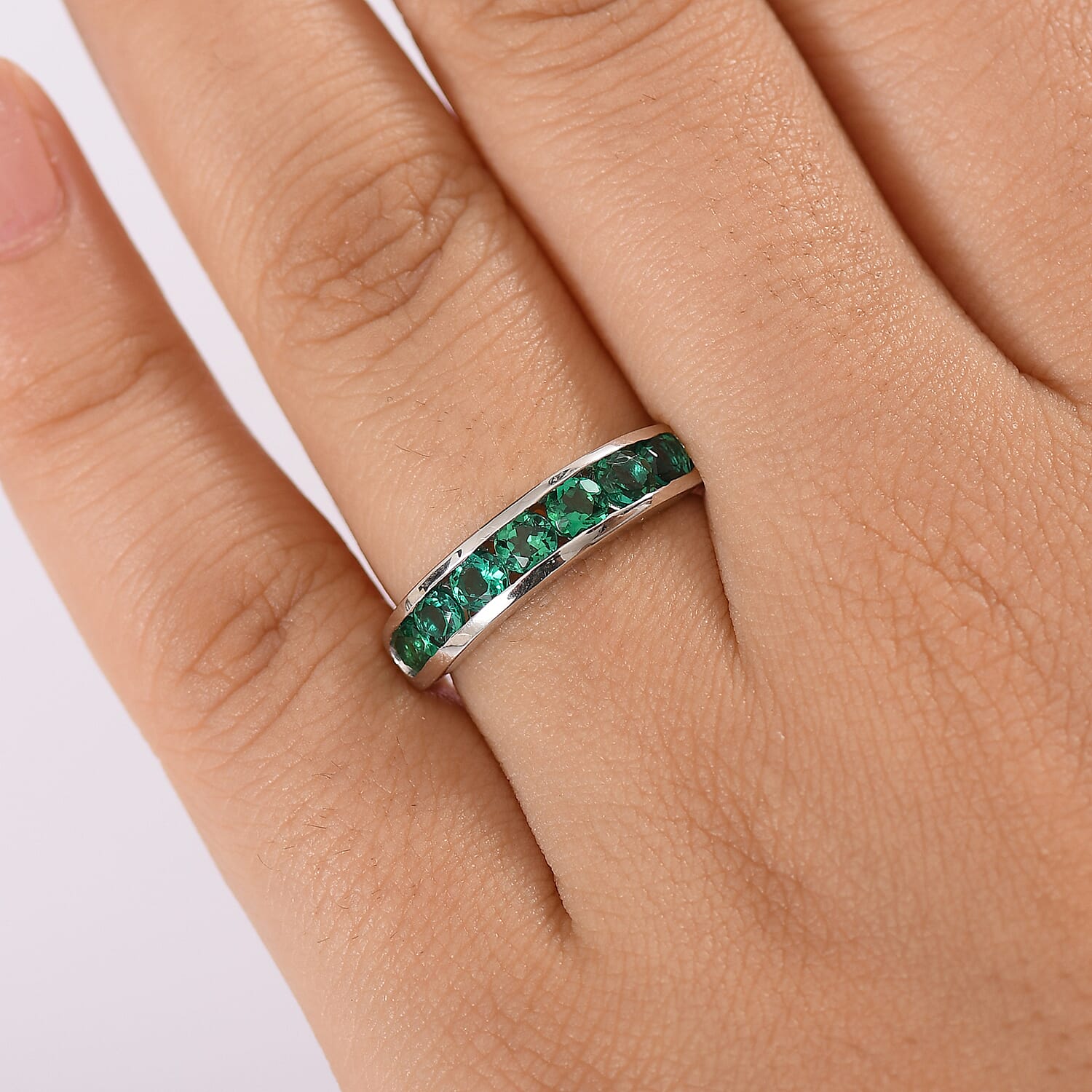 LUXURIANT Lab Grown Emerald Half Eternity Ring in Platinum Overlay Sterling Silver 1.20 Ct. 8155428 3