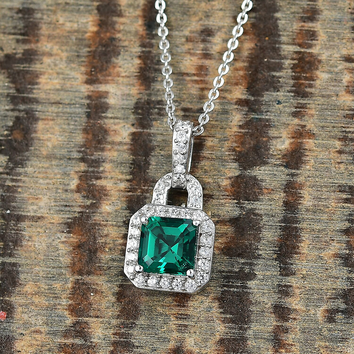 D'joy Lab Grown Emerald, White Zircon Halo Pendant with Chain (Size 20) in Rhodium Overlay Sterling Silver 1.47 Ct. 4415154 2