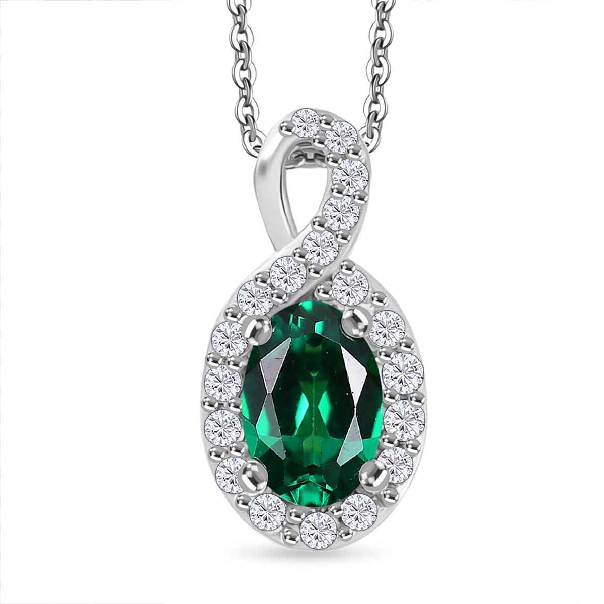Dâ€™Joy Lab Grown Emerald and White Zircon Halo Pendant with Chain in Rhodium Overlay Sterling Silver 4415655 0