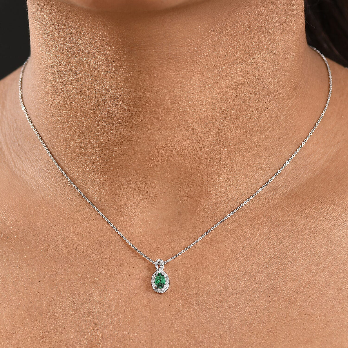 Dâ€™Joy Lab Grown Emerald and White Zircon Halo Pendant with Chain in Rhodium Overlay Sterling Silver 4415655 2