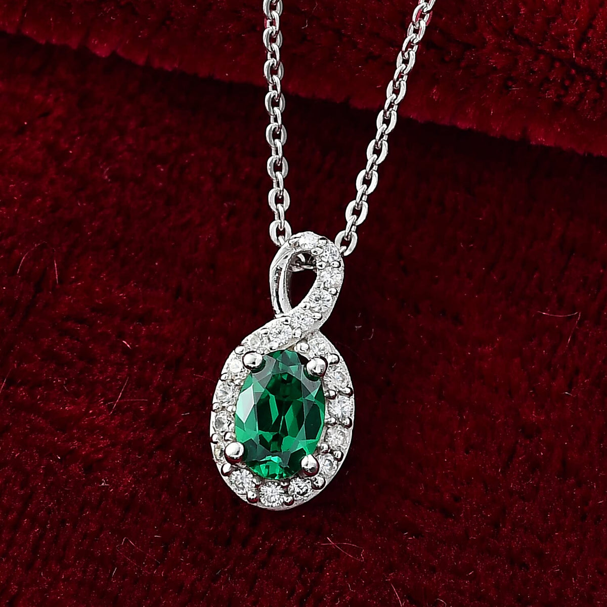 Dâ€™Joy Lab Grown Emerald and White Zircon Halo Pendant with Chain in Rhodium Overlay Sterling Silver 4415655 3