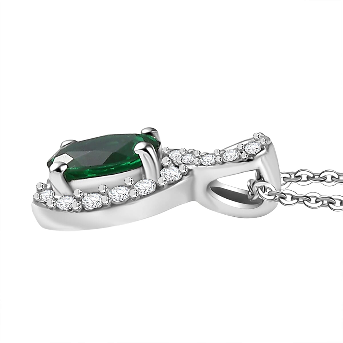 Dâ€™Joy Lab Grown Emerald and White Zircon Halo Pendant with Chain in Rhodium Overlay Sterling Silver 4415655 4