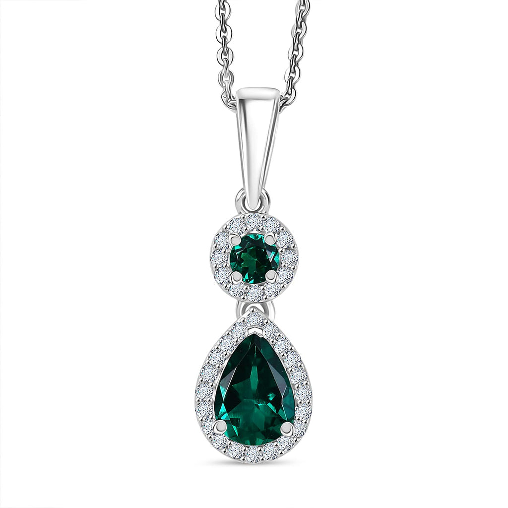 Lab Grown Emerald & White Zircon Pendant with Chain (Size 20) in Rhodium Overlay Sterling Silver 1.27 Ct.