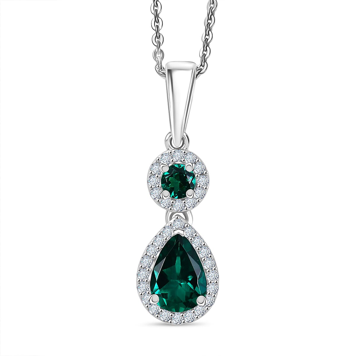 D'joy Lab Grown Emerald, White Zircon Drop Pendant with Chain (Size 20) in Rhodium Overlay Sterling Silver 1.27 Ct. 4416323 0