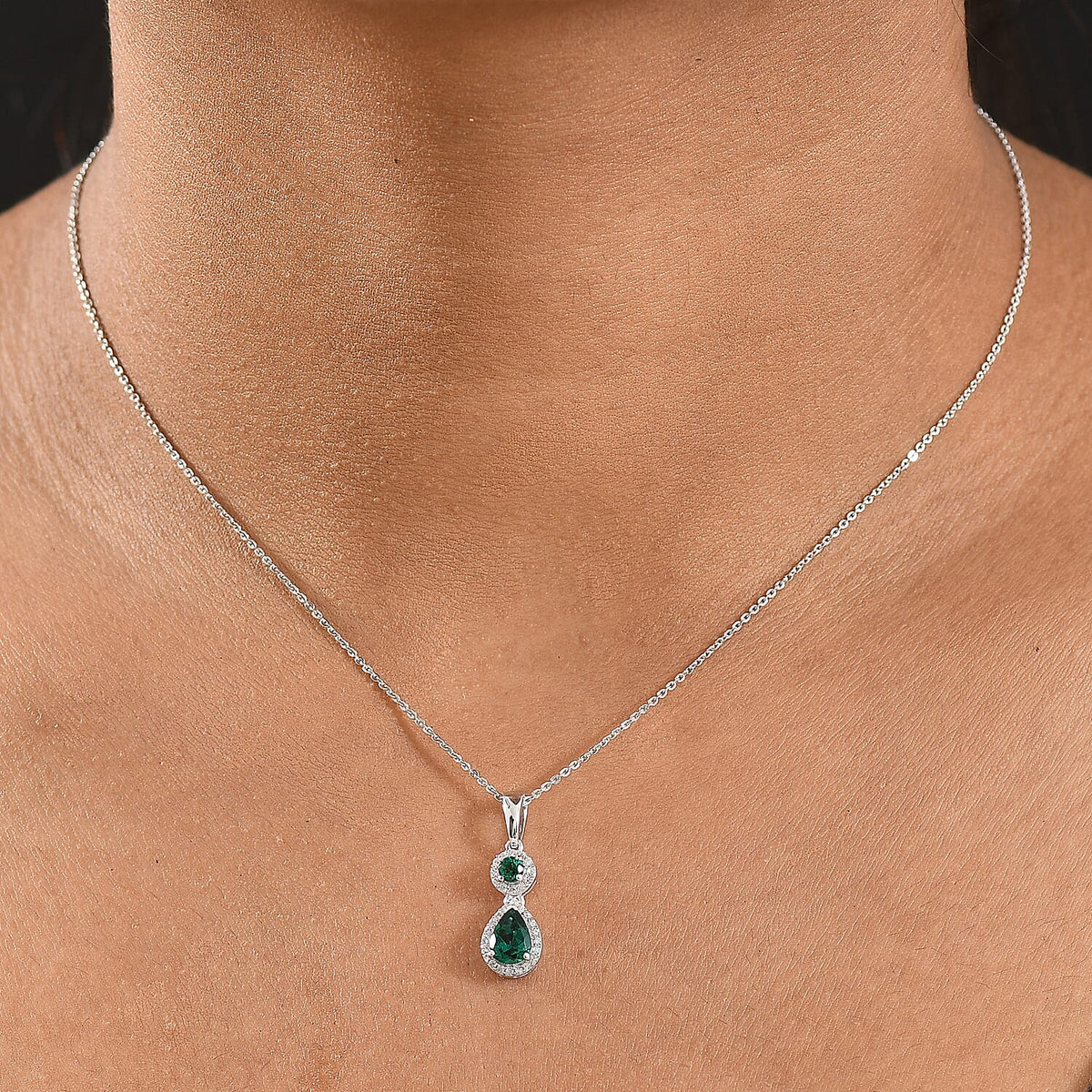 D'joy Lab Grown Emerald, White Zircon Drop Pendant with Chain (Size 20) in Rhodium Overlay Sterling Silver 1.27 Ct. 4416323 2