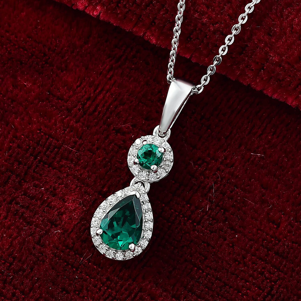 Lab Grown Emerald & White Zircon Pendant with Chain (Size 20) in Rhodium Overlay Sterling Silver 1.27 Ct.