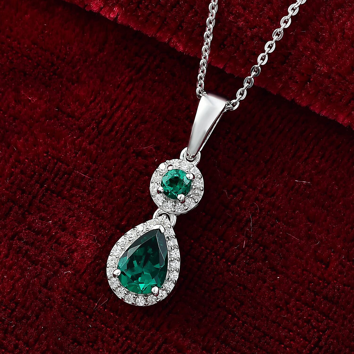 D'joy Lab Grown Emerald, White Zircon Drop Pendant with Chain (Size 20) in Rhodium Overlay Sterling Silver 1.27 Ct. 4416323 3