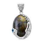 Royal Bali Collection - Labradorite and Swiss Blue Topaz Pendant in Sterling Silver 60.00 Ct, Silver Wt. 16.2 Gms