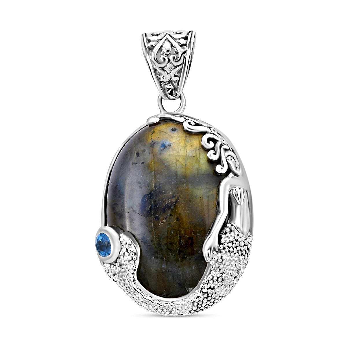 Royal Bali Collection - Labradorite and Swiss Blue Topaz Pendant in Sterling Silver 60.00 Ct, Silver Wt. 16.2 Gms 6527818 0