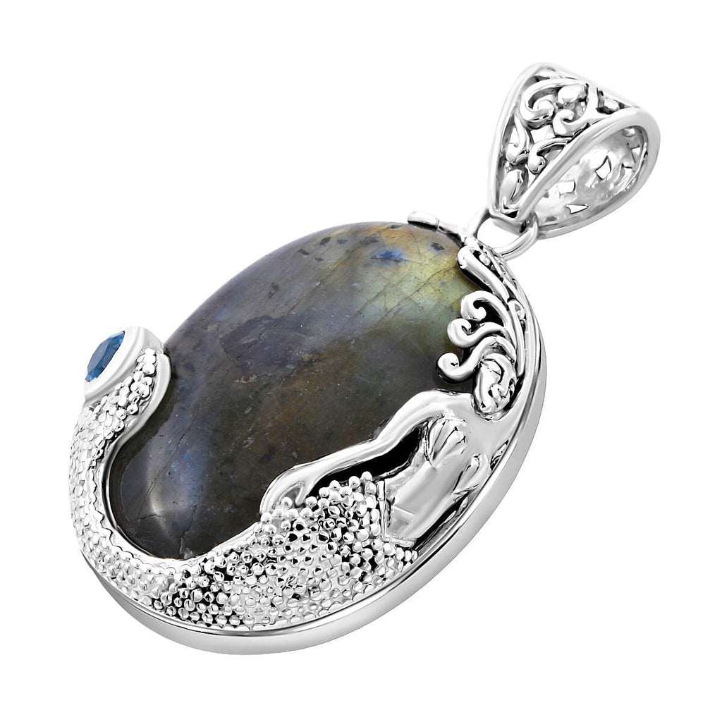Royal Bali Collection - Labradorite and Swiss Blue Topaz Pendant in Sterling Silver 60.00 Ct, Silver Wt. 16.2 Gms