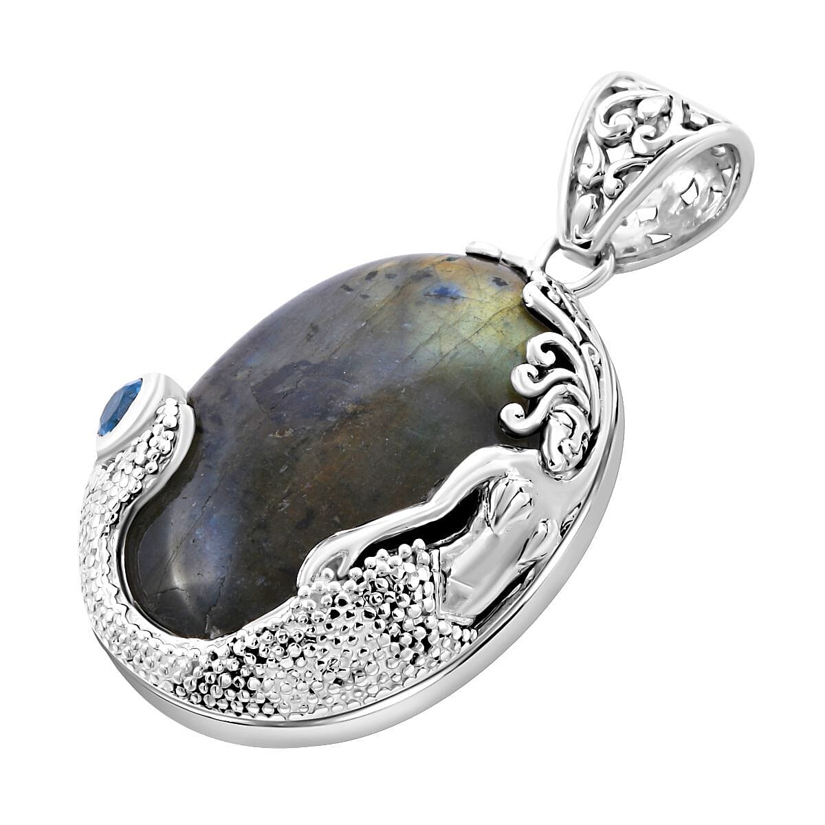 Royal Bali Collection - Labradorite and Swiss Blue Topaz Pendant in Sterling Silver 60.00 Ct, Silver Wt. 16.2 Gms 6527818 4