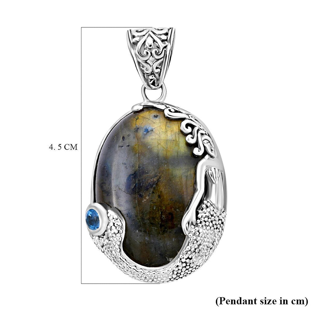 Royal Bali Collection - Labradorite and Swiss Blue Topaz Pendant in Sterling Silver 60.00 Ct, Silver Wt. 16.2 Gms