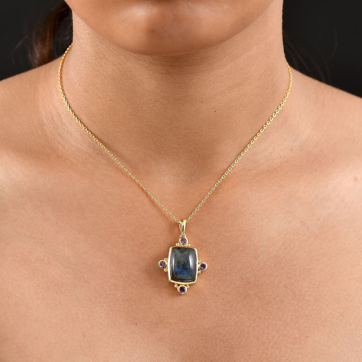 Labradorite &amp; African Amethyst Pendant with Chain (Size 20) in Yellow Gold Plated 11.75 Ct. 4416445 1
