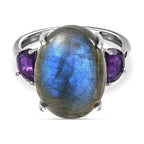 Labradorite & Amethyst Ring in Platinum Overlay Sterling Silver 10.15 Ct.
