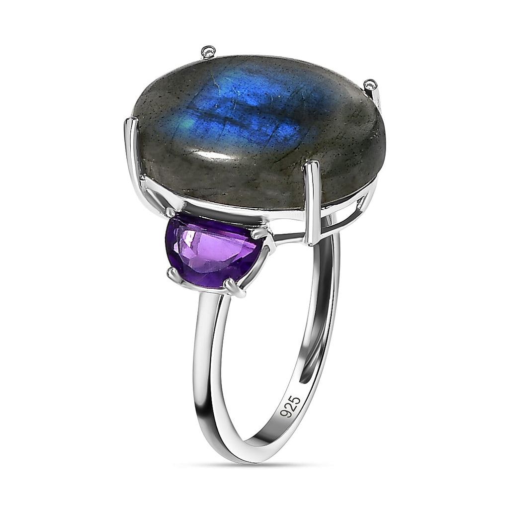 Labradorite & Amethyst Ring in Platinum Overlay Sterling Silver 10.15 Ct.