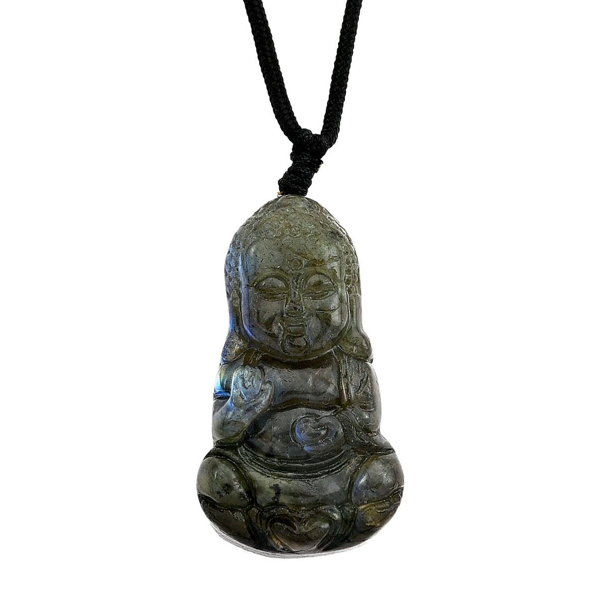 Natural Labradorite Carved Necklace with Adjustable Cotton Thread (Up to Size 28) 85.00 Ct. - Buddha 8414627 0