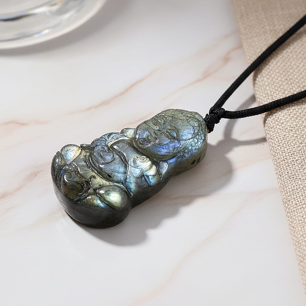 Natural Labradorite Carved Necklace with Adjustable Cotton Thread (Up to Size 28) 85.00 Ct. - Buddha 8414627 3