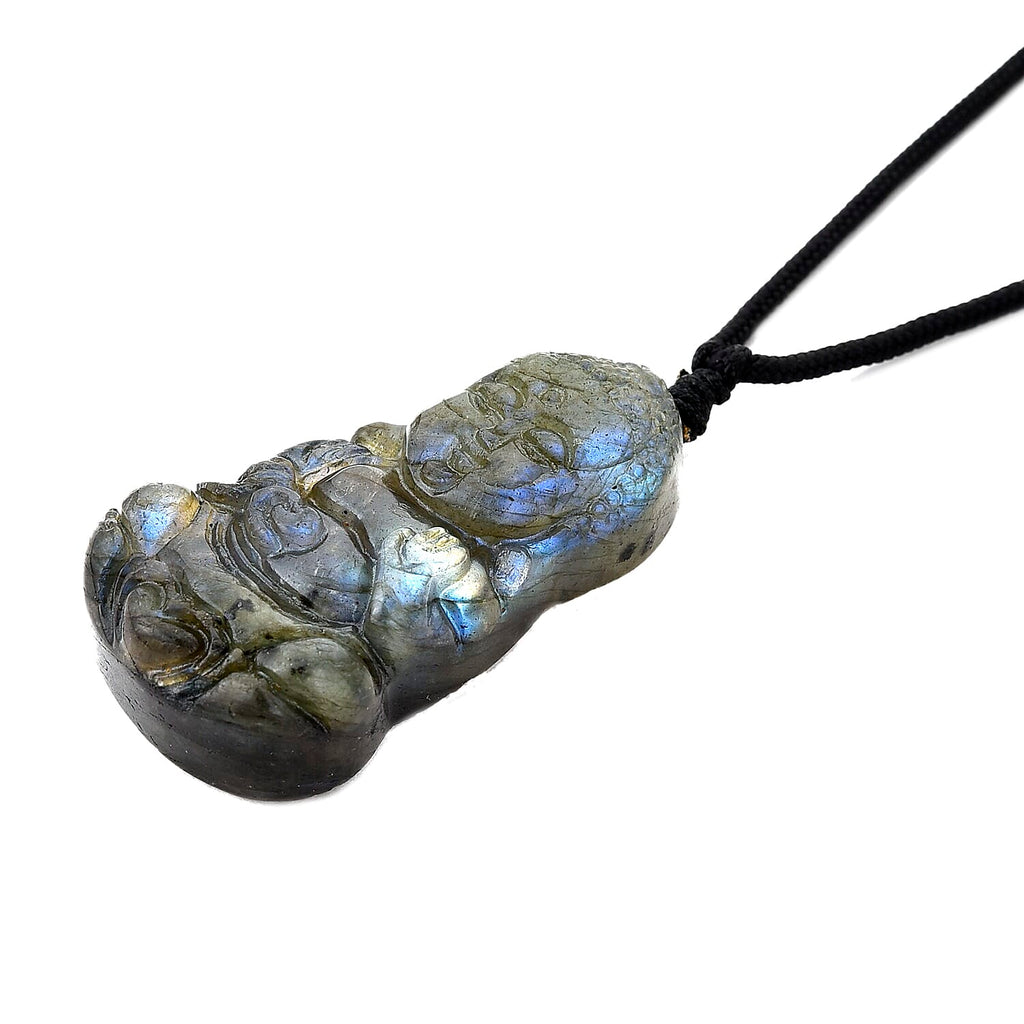 Natural Labradorite Carved Necklace with Adjustable Cotton Thread (Up to Size 28) 85.00 Ct. - Buddha