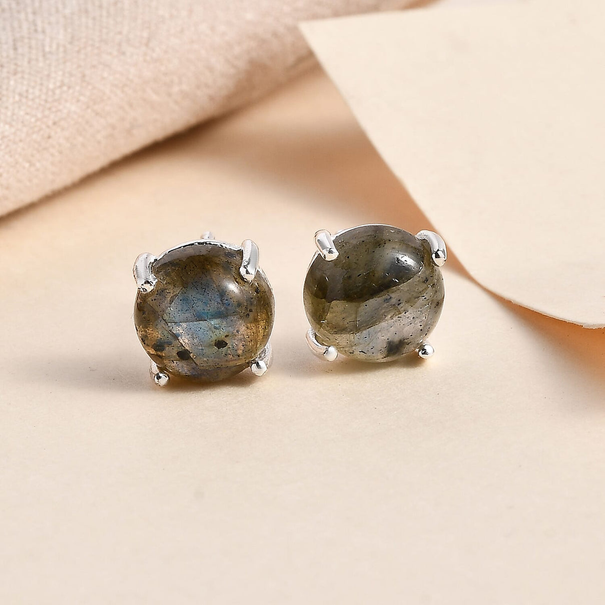 Labradorite Solitaire Stud Earring with Push Back in Rhodium Overlay Sterling Silver 5 Ct. 8184599 1