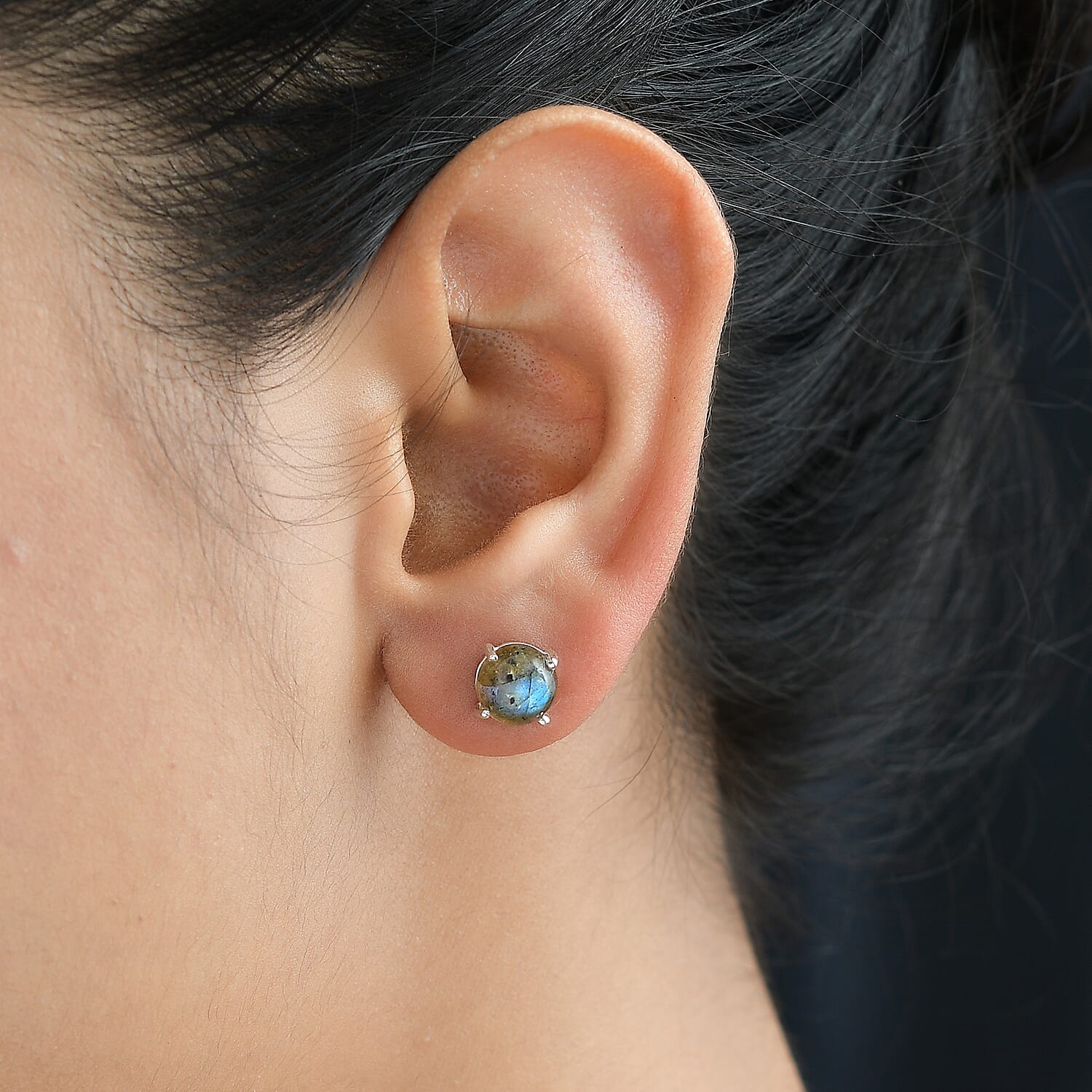 Labradorite Solitaire Stud Earring with Push Back in Rhodium Overlay Sterling Silver 5 Ct. 8184599 2