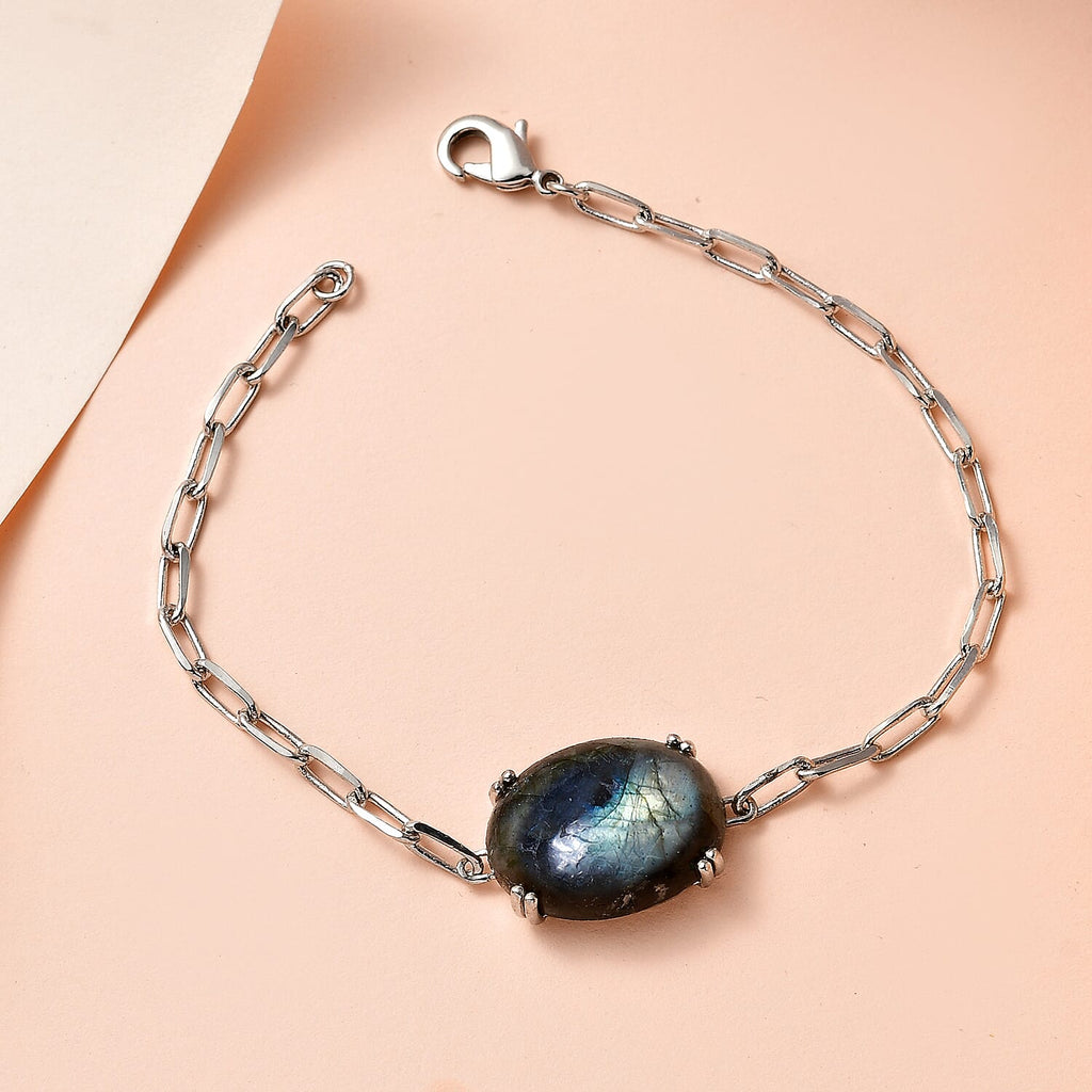 Labradorite Paperclip Bracelet (Size - 7.5) in Platinum Overlay Sterling Silver 15.40 Ct