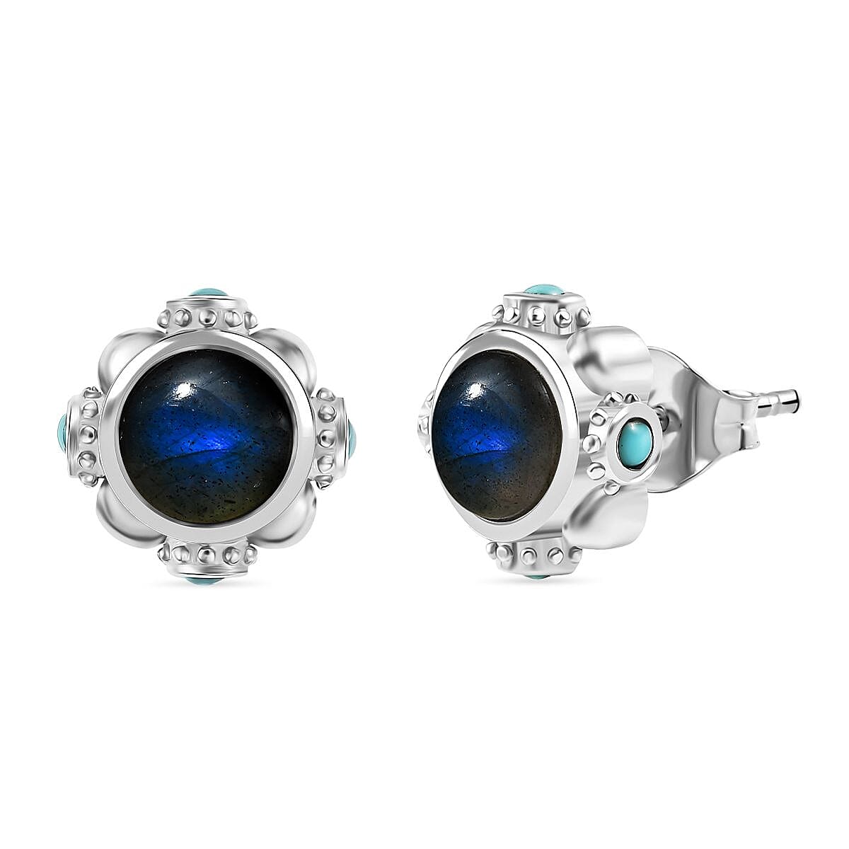 D'joy AAA Natural Labradorite &amp; Lagoon Turquoise Solitaire Stud Push Post Earring in Rhodium Overlay Sterling Silver 3.13 Ct. 8172252 0