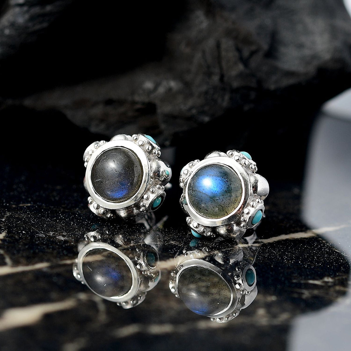 D'joy AAA Natural Labradorite &amp; Lagoon Turquoise Solitaire Stud Push Post Earring in Rhodium Overlay Sterling Silver 3.13 Ct. 8172252 2