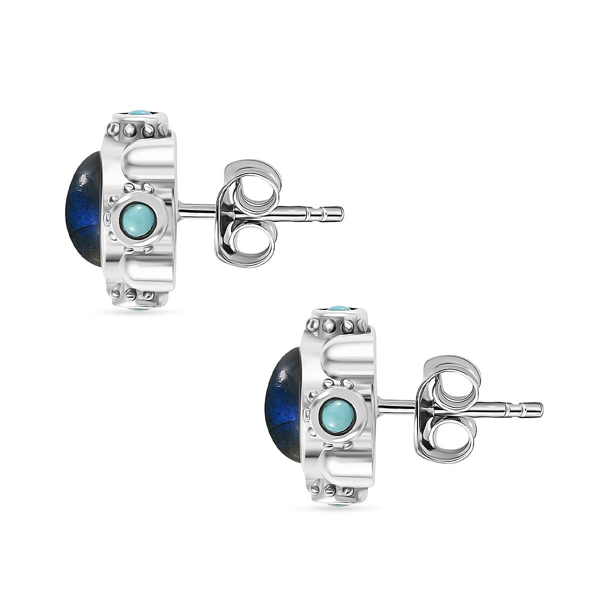 D'joy AAA Natural Labradorite &amp; Lagoon Turquoise Solitaire Stud Push Post Earring in Rhodium Overlay Sterling Silver 3.13 Ct. 8172252 4