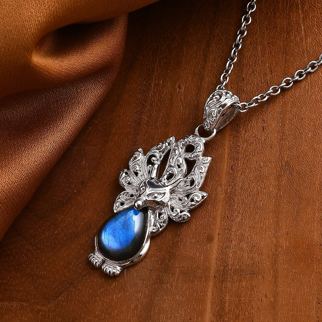 Royal Bali Collection - Labradorite Pendant Nine Tailed Fox Sterling Silver 6.50 Ct
