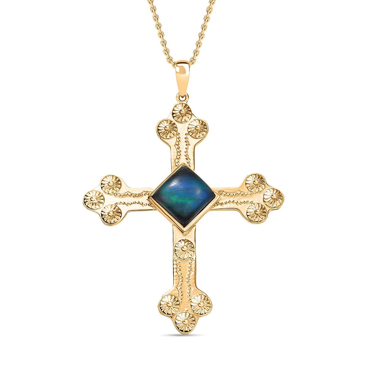 Labradorite Cross Pendant with Chain (Size 20) in Yellow Gold Plated 5.93 Ct. 4416442 0