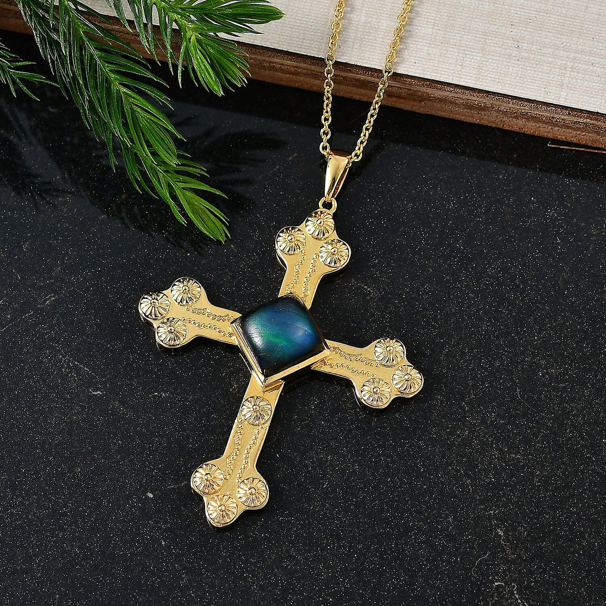 Labradorite Cross Pendant with Chain (Size 20) in Yellow Gold Plated 5.93 Ct. 4416442 2