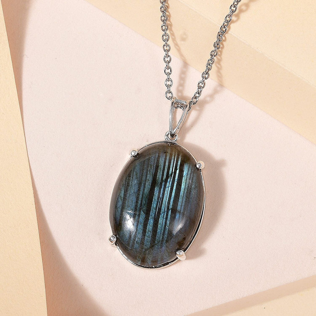 Labradorite Pendant with Chain (Size 20) in Platinum Overlay Sterling Silver 25.00 Ct