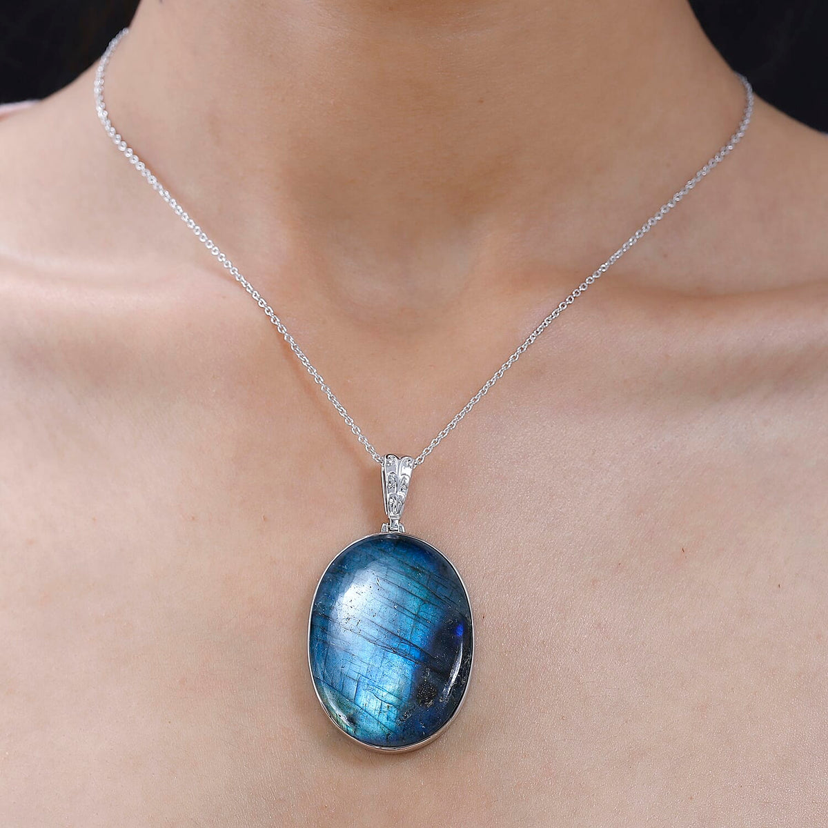 One Time Deal- Labradorite Pendant  in Platinum Overlay Sterling Silver 69.60 Ct, Silver Wt. 12.00 GM 4192657 1