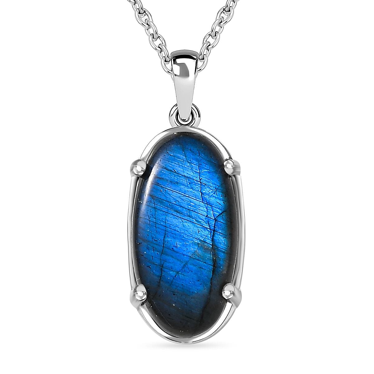 Labradorite Solitaire Pendant in Rhodium Overlay Sterling Silver with Stainless Steel Chain (Size 20), 11.10 Ct. 4277967 0